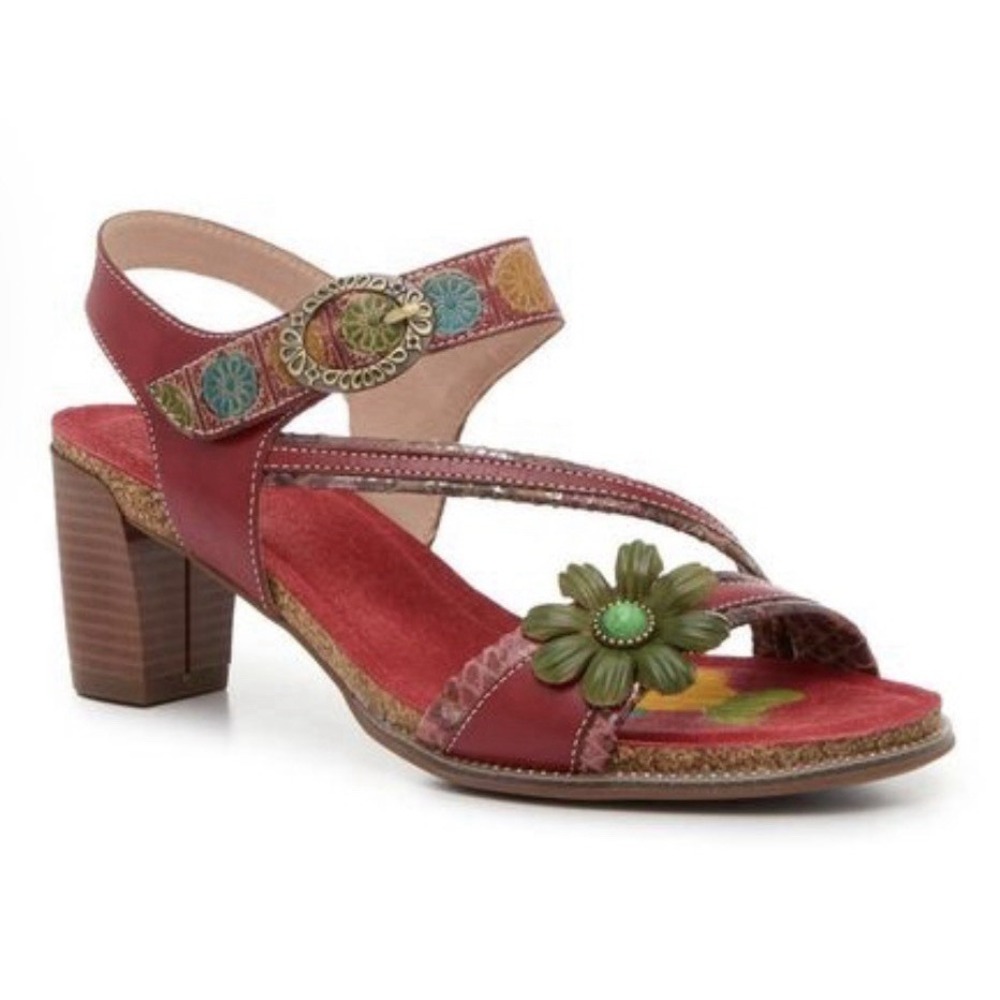 New L'Artiste Spring Step 41 US 9.5 / 10 Elina Red Floral Leather Heeled Sandals